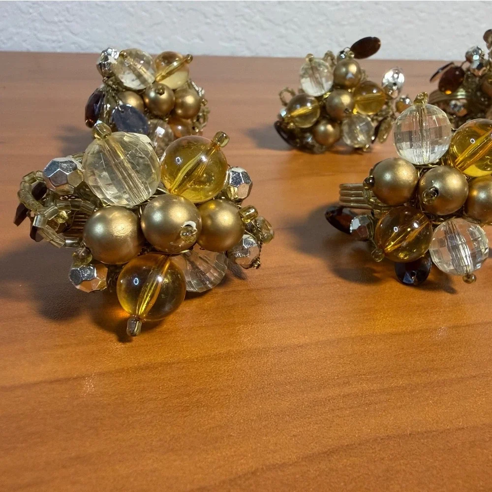 Set of 8 Beaded Napkin Rings Gold Amber Clear Glass Cluster Table Decor 1.5in
